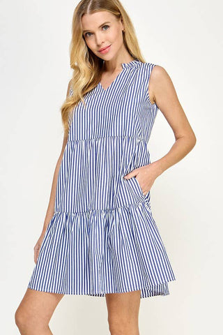 V-neck Sleeveless Tiered Stripe Short Dress